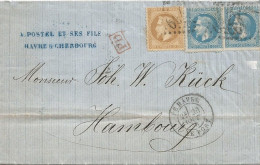 FRANCE ANNEE 1867 N°28+29x2  DU HAVRE PORT POUR HAMBOURG 20 08 70 TB - 1863-1870 Napoleone III Con Gli Allori