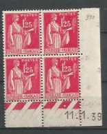 FRANCE ANNEE 1937 N°370 BLOC DE 4EX NEUFS** MNH COIN DATE 11/1/39 (1)TB COTE 25,00 €  - 1930-1939