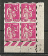 FRANCE ANNEE 1937 N°369 BLOC DE 4EX NEUFS** MNH COIN DATE 21/9/37  TB COTE 35,00 €  - 1930-1939