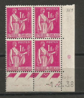 FRANCE ANNEE 1937 N°369 BLOC DE 4EX NEUFS** MNH COIN DATE 1/2/38 TB COTE 35,00 €  - 1930-1939