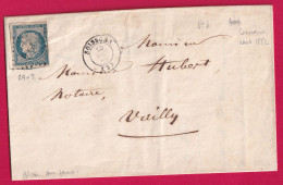 N°4 PC 2909 SOISSONS AISNE 1852 POUR VAILLY SUR AISNE LETTRE - 1849-1876: Classic Period