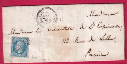 N°14 PC 2041 MONNAIE INDRE ET LOIRE CAD TYPE 22 POUR PARIS LETTRE - 1849-1876: Klassik