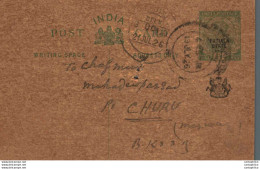 India Postal Stationery Patiala State 1/2 A To Churu - Patiala