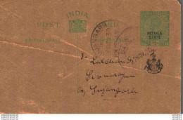 India Postal Stationery Patiala State 1/2 A Sujangarh Cds - Patiala