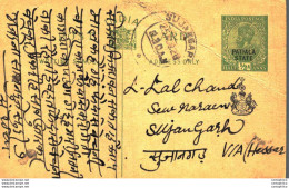 India Postal Stationery Patiala State 1/2 A Sujangarh Cds - Patiala