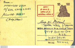 India Postal Stationery Tiger 15 To New Delhi - Postkaarten