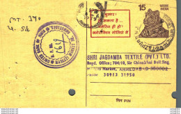 India Postal Stationery Tiger 15 To Ahmedabad - Postcards