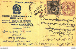 '"''India Postal Stationery Arms 4p Arms Nizam''''s Dominions Sree Annapoorna Rice Mill Bikkanoor''"' - Cartoline Postali
