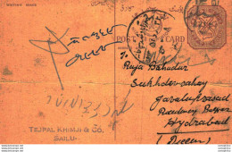 '"''India Postal Stationery Arms 4p Arms Nizam''''s Dominions Tejpal Khimji Sailu To Hydrabad''"' - Cartoline Postali