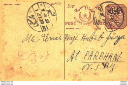 '"''India Postal Stationery Arms 4p Arms Nizam''''s Dominions To Parbhani Kamaredi''"' - Cartoline Postali