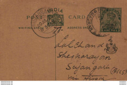 India Postal Stationery George V 1/2A  Patiala State Ovpt Sujangarh Cds Mauran Cds - Postales