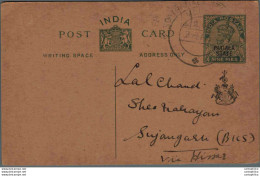India Postal Stationery George V 1/2A  Patiala State Ovpt To Sujangarh - Postales