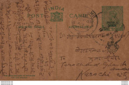 India Postal Stationery George V 1/2A  Patiala State Ovpt To Karachi - Postales