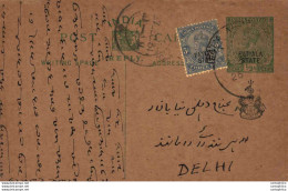 India Postal Stationery George V 1/2A  Patiala State Ovpt To Delhi - Postales