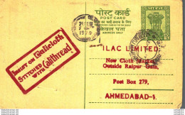 India Postal Stationery Ashoka 10ps Insist On Calicloth Calithread Cachet To Ahmedabad - Cartes Postales