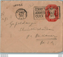 India Postal Stationery Ashoka Tiger 2A Calcutta Cds To Bikaner - Postcards