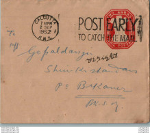 India Postal Stationery Ashoka Tiger 2A Calcutta Cds To Bikaner - Ansichtskarten