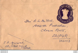 India Postal Stationery Ashoka Tiger 25 To Jaipur - Postales