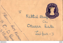 India Postal Stationery Ashoka Tiger 25 To Jaipur - Postkaarten