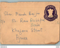 India Postal Stationery Ashoka Tiger 25 To Ajmer - Postcards