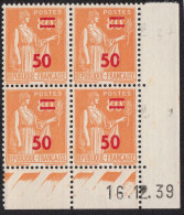 COIN DATÉ 1939 TIMBRE Type Paix N°481 Y&T 50c Sur 80c Orange (X4) Neufs - 1930-1939