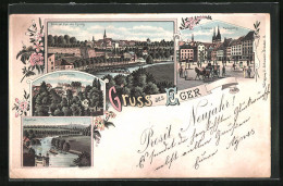 Lithographie Eger, Kaiserbrug, Ortsansicht Vom Sprung Aus, Marktplatz  - Tsjechië