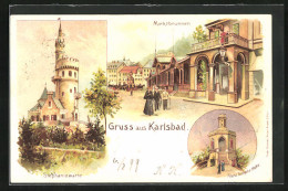 Lithographie Karlsbad, Marktbrunnen, Stephaniewarte, Franz Jjosephs-Höhe  - Tsjechië