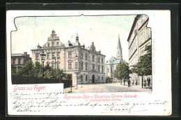 AK Eger, Egerländer Spar- U. Vorschuss-Vereins-Gebäude M. Evang. Kirche  - Tsjechië