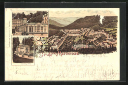 Lithographie Marienbad, Waldquelle, Kreuzbrunnen, Blick Auf Den Kurort  - Tchéquie