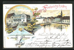 Lithographie Friedrichshafen, Ortspartie Mit Brücke, Bahnhof, Hafeneinfahrt Mit Dampfer  - Friedrichshafen