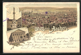 Lithographie Aachen, Teilansicht, Marien-Säule, Theater  - Theater