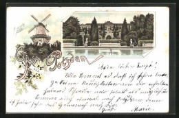 Lithographie Potsdam, Historische Mühle, Schloss Sanssouci  - Potsdam