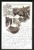 Lithographie Manderscheid, Abtei Himmroth, Burgruinen, Wasserfall Im Horngraben  - Manderscheid