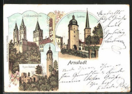 Lithographie Arnstadt, Riedthor, Liebfrauenkirche, Ruine Neideck  - Arnstadt