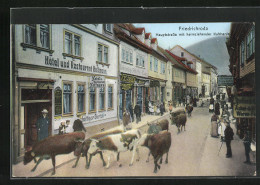 AK Friedrichroda, Hauptstrasse Mit Hôtel & Restaurant Hoffmann Und Heimziehender Kuhherde  - Friedrichroda