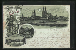 Mondschein-Lithographie Köln A. Rhein, Teilansicht Mit Dom, Flora, Volksgarten  - Koeln