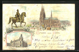 Lithographie Köln, Denkmal Wilhelm I., Dom, Post  - Koeln