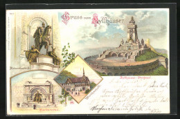 Lithographie Kyffhäuser, Denkmal, Reiterstandbild, Gasthaus, Barbarossa  - Kyffhaeuser