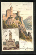 Lithographie Trechtingshausen, Rheinstein, Blick Auf Burg, Denkmal  - Autres & Non Classés