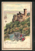 Präge-Lithographie Stolzenfels, Burg Mit Fluss, Wappen Von Bayern, Preussen Und Churtrier  - Autres & Non Classés