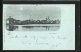 Mondschein-AK Dux / Duchcov, Panorama Mit See  - Tchéquie