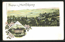 Lithographie Huntirov, Schulhaus & Panorama  - Tchéquie