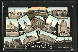 AK Saaz, Genoss.-Brauerei, Evangelische Kirche, Gymnasium  - Tschechische Republik