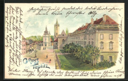 Lithographie Teplitz Schönau / Teplice, Schlossplatz Mit Türmen  - Tchéquie