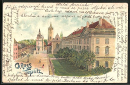 Lithographie Teplitz Schönau / Teplice, Schlossplatz Mit Strasse  - Tchéquie