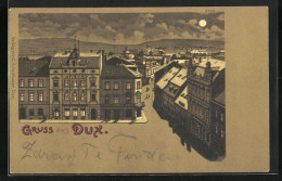Lithographie Dux / Duchcov, Strassenpartie Mit Gebäudeansicht Bei Mondschein  - Tsjechië