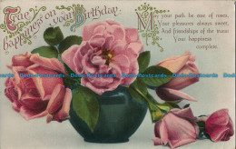 R025034 Greeting Postcard. True Happiness On Your Birthday. Pink Roses In Vases. - World