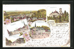 Lithographie Amstetten, Hotel Schmidl, Schloss Wallsee, Hauptplatz, Wiener Strasse  - Autres & Non Classés