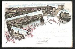 Lithographie Lambach, Sparkasse, Marktplatz, Portal D. Benediktiner Stiftes  - Sonstige & Ohne Zuordnung