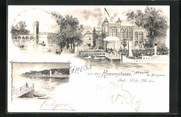 Künstler-AK Nedlitz Bei Potsdam, Gasthaus Römerschanze, Brücke, Bootssteg  - Potsdam